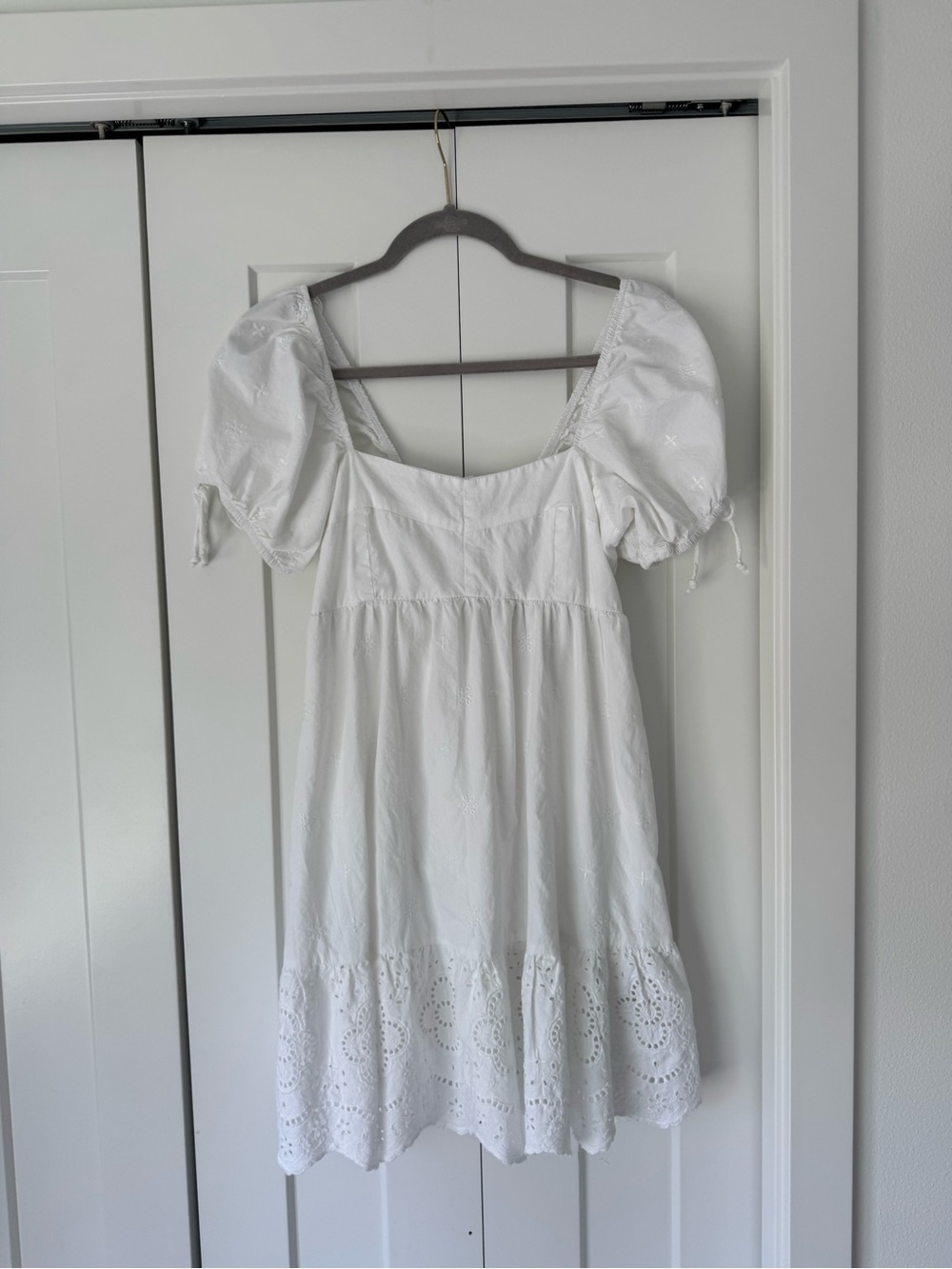 White Eyelet Puff Sleeve Mini Dress